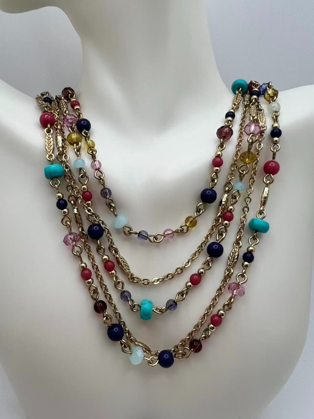 Multicolor Beaded Multi-Strand Gold Tone Statement Necklace